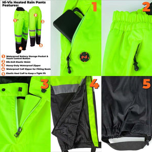 Mobile Warming hi-vis heated rain pants feature guide showing battery pocket waist zipper and cuff details