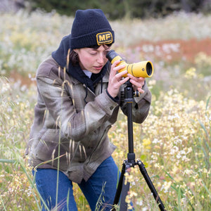 Person using a yellow Nocs Provisions monocular on a tripod in a field of wildflowers
