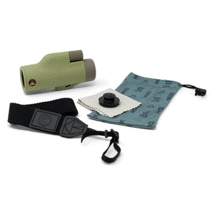 NOCS Provisions monocular with black wrist strap, lens cloth, and drawstring storage pouch