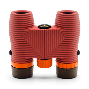 Nocs Provisions red binoculars with orange focus wheel and brown lens caps
