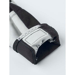 Close up of a black and grey fleece jacket sleeve cuff with a rectangular label