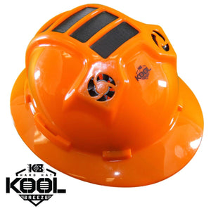 Kool Breeze orange hard hat with integrated solar panels and cooling fan