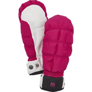 Hestra pink and white insulated mittens with wrist snap closure