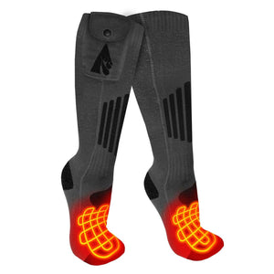 ActionHeat grey heated socks with battery pocket and glowing orange heating elements in the toe and foot area