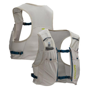 Nathan hydration vest in light grey with blue straps and water bottle