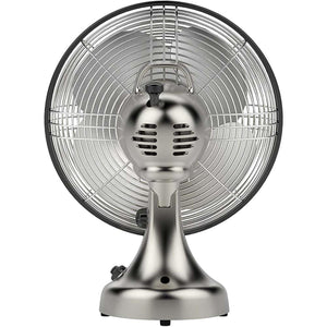 Back view of a Vornado metallic desk fan with a wire cage