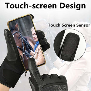 Black gloves with touch screen sensor pads on fingertips holding a smartphone