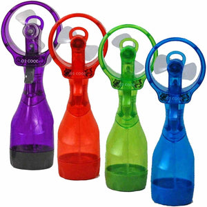 Four O2 Cool handheld misting fans in purple red green and blue