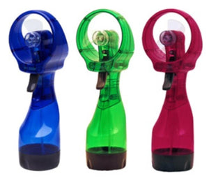 Three O2 Cool handheld misting fans in blue green and pink