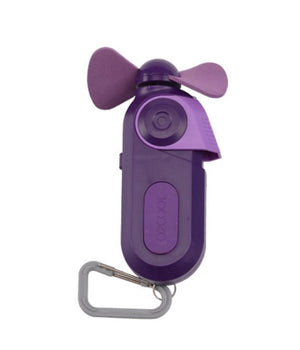 Purple O2Cool handheld portable fan with carabiner clip