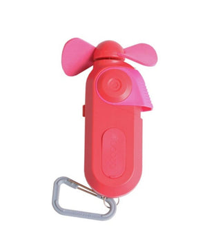 O2Cool pink handheld portable fan with grey carabiner