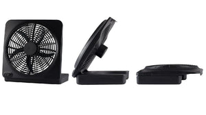O2 Cool black portable box fan shown in upright, angled, and folded positions