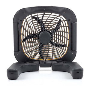 Black portable box fan with a square frame and folding base