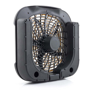 Black square portable fan with gold internal blades