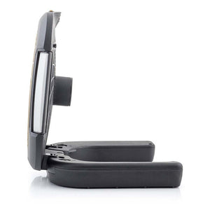 Side view of a black guitar wall hanger with a padded cradle