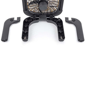 Black portable fan with detachable handle components displayed separately
