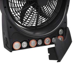 Treva portable fan with open battery compartment showing battery placement
