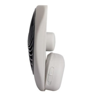 Side profile of a white portable fan with a black grille