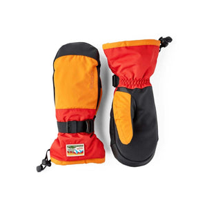 Hestra orange and red winter mittens with black palm and wrist strap