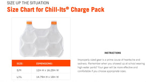 Chill-Its Charge Pack size chart showing dimensions for S/M and L/XL sizes