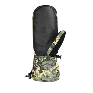 Seirus camouflage pattern mitten with black leather palm and adjustable wrist strap