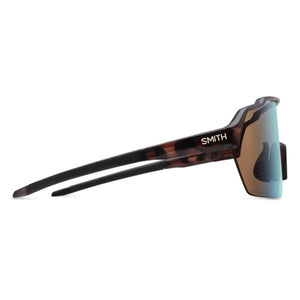 Side view of Smith Optics sunglasses with tortoise shell frame and blue reflective lens