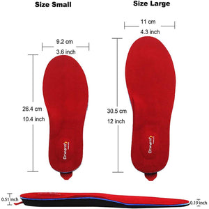 Dr Warm heated insole size chart showing dimensions for small and large sizes in centimeters and inches