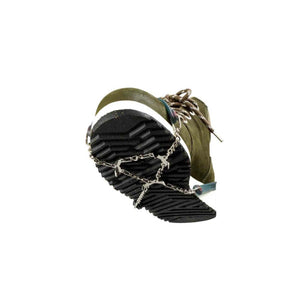 Olive green boot with metal traction spikes attached to the rubber sole