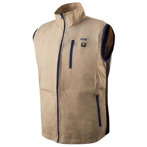 Tan Gobi Heat heated vest with blue zipper details and chest pocket