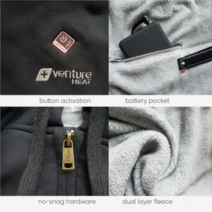 Venture Heat apparel features including power button, battery pocket, zipper hardware, and dual layer fleece lining