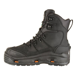 Korkers black wading boot with lace up closure and orange sole accents