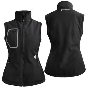 Front and back view of a black Gerbing softshell vest with zippered pockets
