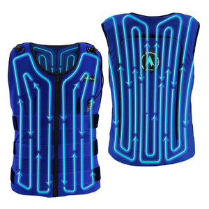 AlphaCool blue cooling vest with internal tubing system shown from front and back