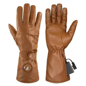 Pair of brown leather heated gloves with battery pack and power button