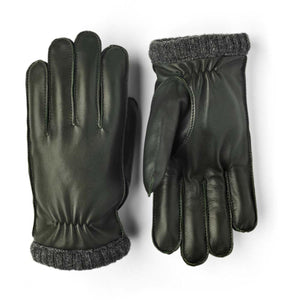 Hestra dark green leather gloves with grey ribbed knit cuffs