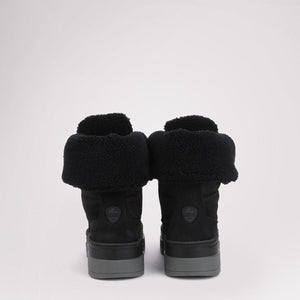 Back view of black Pajar winter boots with faux fur cuffs and grey soles