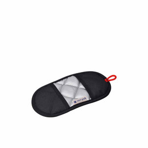 Snow Peak quilted silver and black hot handle cover with red hanging loop
