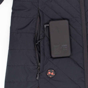 Black heated jacket with power bank connected in pocket