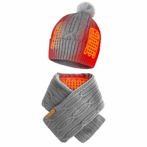ActionHeat grey cable knit beanie with pom pom and scarf set featuring visible internal heating elements
