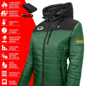 Green Bay Packers ActionHeat heated jacket with feature list including 4 zone heating and 10000 mAh power bank