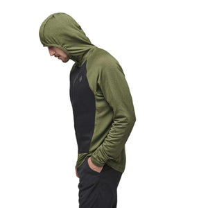 Black Diamond olive green and black hooded long sleeve shirt on a person