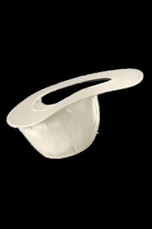 Off white fabric baby bib with a wide circular neck opening