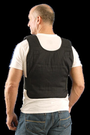 Man wearing a black Miracool cooling vest over a white t-shirt