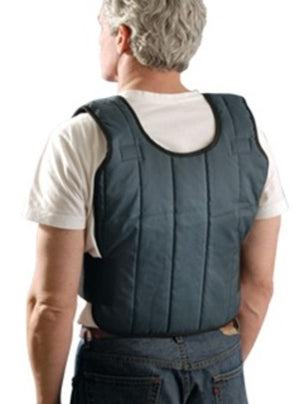 Man wearing a dark grey Miracool cooling vest over a white t-shirt