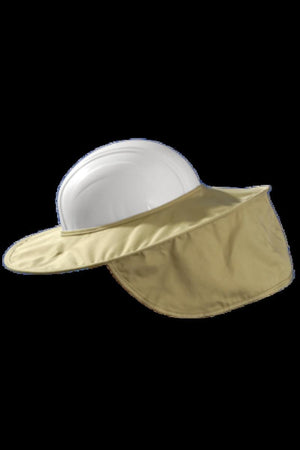 White hard hat with a beige fabric sun brim attachment