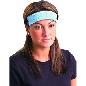 Woman wearing a light blue Miracool cooling headband