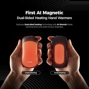 Ocoopa magnetic dual sided hand warmer showing outer and inner heating surfaces held in hands