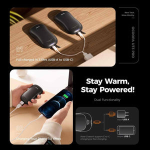 Ocoopa UT3 Pro hand warmer charging via USB cable and powering a smartphone