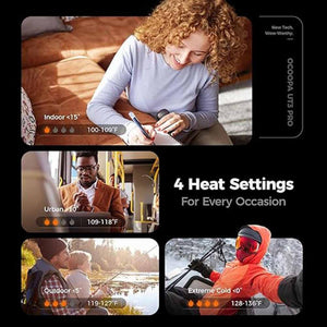 Ocoopa UT3 Pro hand warmer showing four heat settings for indoor urban outdoor and extreme cold environments