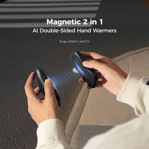 Ocoopa magnetic 2 in 1 double sided hand warmers being joined together by hands